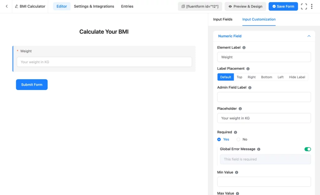 Customizing numeric field
